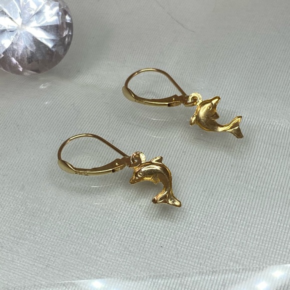 14K YELLOW GOLD dolphin dangle dainty earrings REAL GOLD 1” - Picture 8 of 10